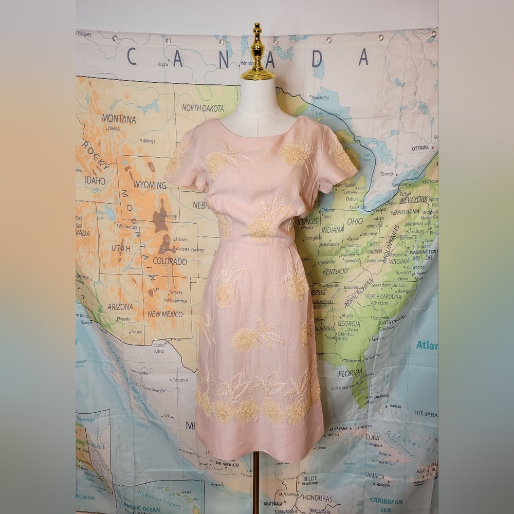 Vintage 1950s Pink Dress with Floral Embroidery By Paul Parnes